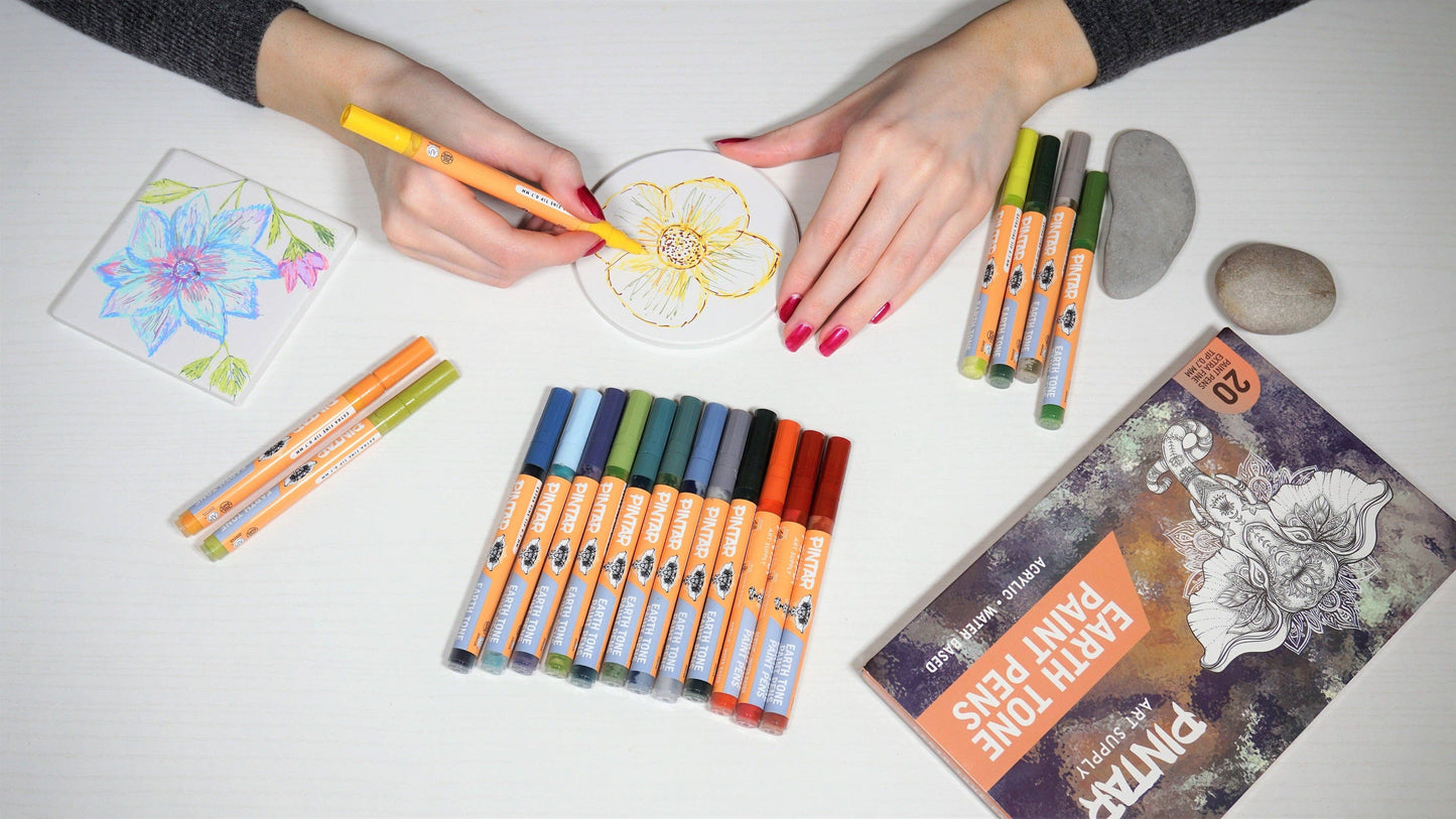 Pintar Earth Tone Color 20 Pack Paint Pens Acrylic Paint Pen Set with Extra Fine 0.7mm Tip | Use on Rocks, Canvas, Glass, Ceramics, Plastic, Porcelain