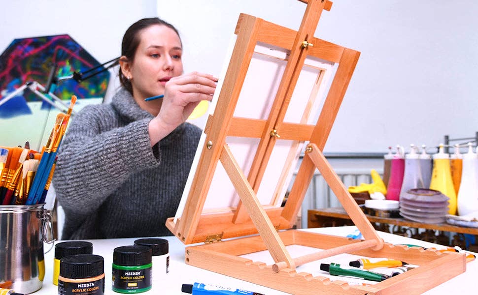MEEDEN Heavy-Duty Tabletop Studio H-Frame Wooden Easel- Solid Beech Wood Adjustable Artists Desktop Wood Easel Table for Artist, Beginners & Teens- Holds Canvas Art up to 23" High