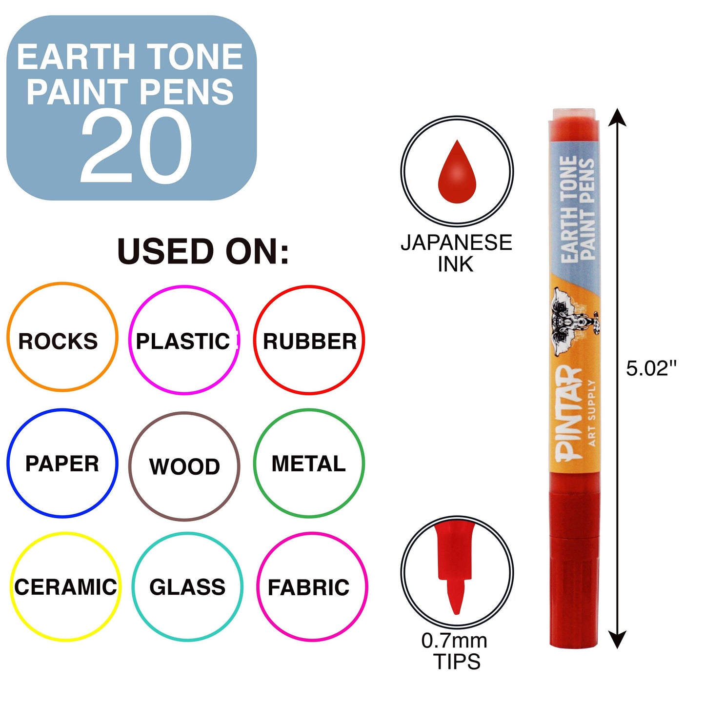 Pintar Earth Tone Color 20 Pack Paint Pens Acrylic Paint Pen Set with Extra Fine 0.7mm Tip | Use on Rocks, Canvas, Glass, Ceramics, Plastic, Porcelain