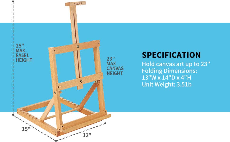 MEEDEN Heavy-Duty Tabletop Studio H-Frame Wooden Easel- Solid Beech Wood Adjustable Artists Desktop Wood Easel Table for Artist, Beginners & Teens- Holds Canvas Art up to 23" High