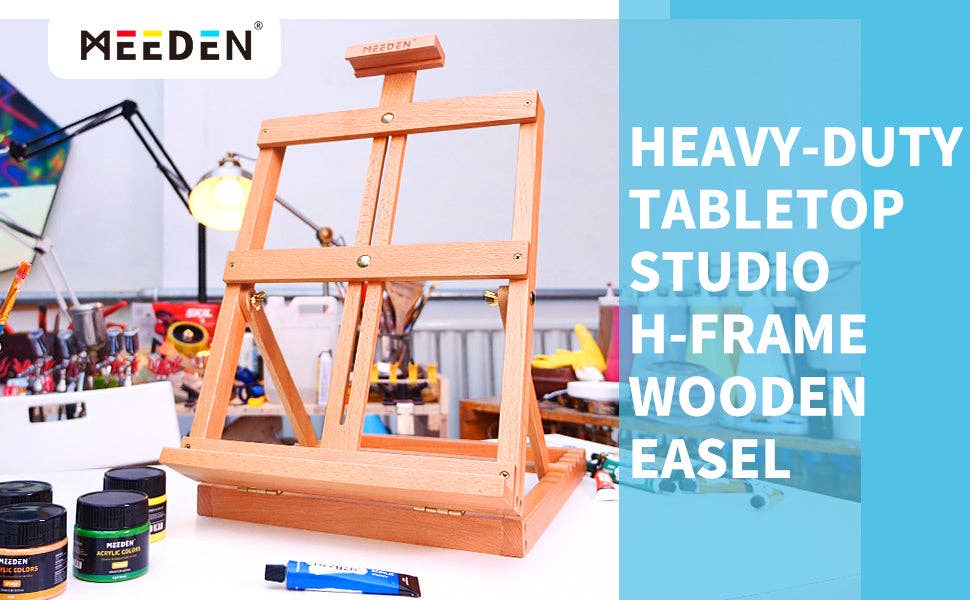 MEEDEN Heavy-Duty Tabletop Studio H-Frame Wooden Easel- Solid Beech Wood Adjustable Artists Desktop Wood Easel Table for Artist, Beginners & Teens- Holds Canvas Art up to 23" High
