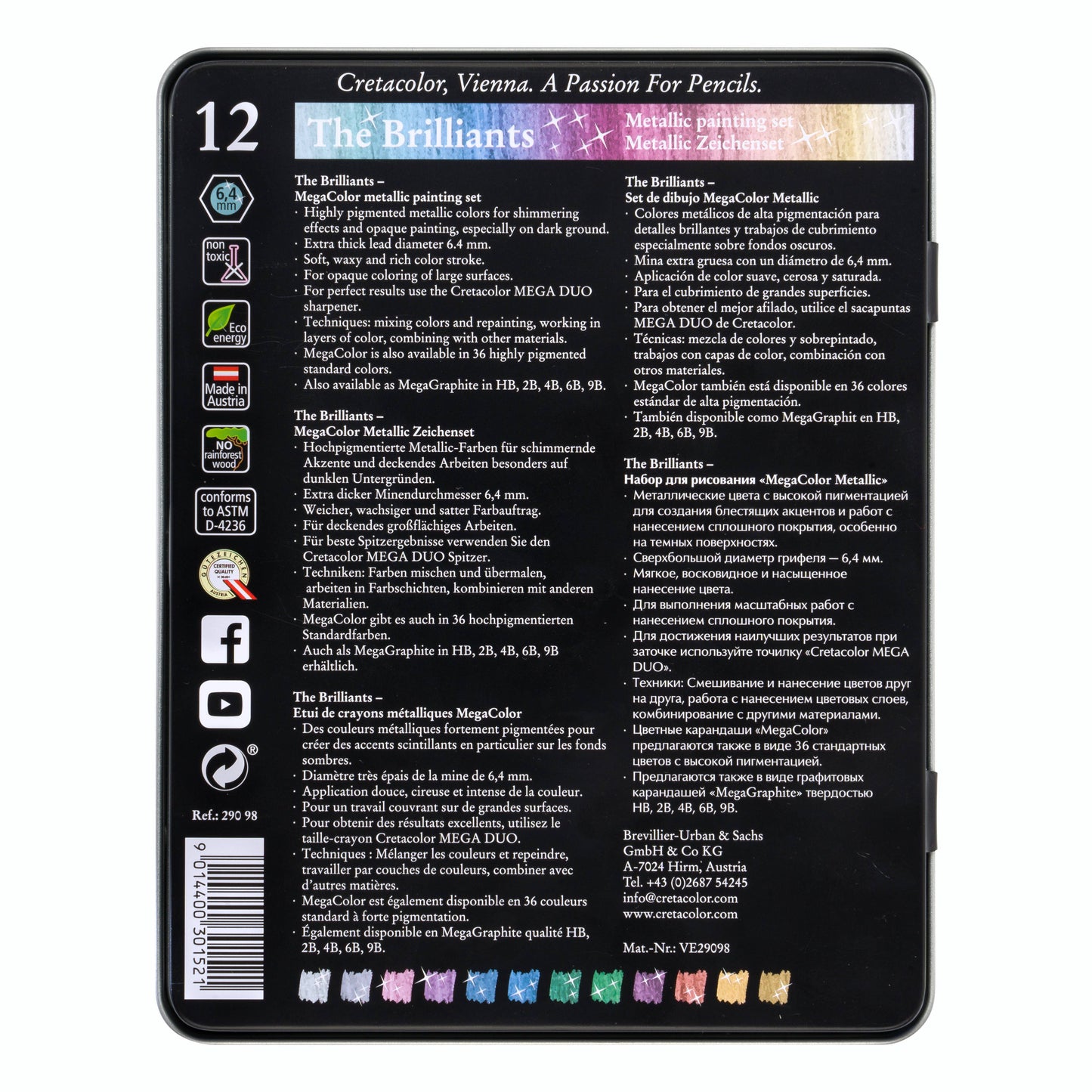 Cretacolor Mega Metallic Pencil Set, Tin Set of 12